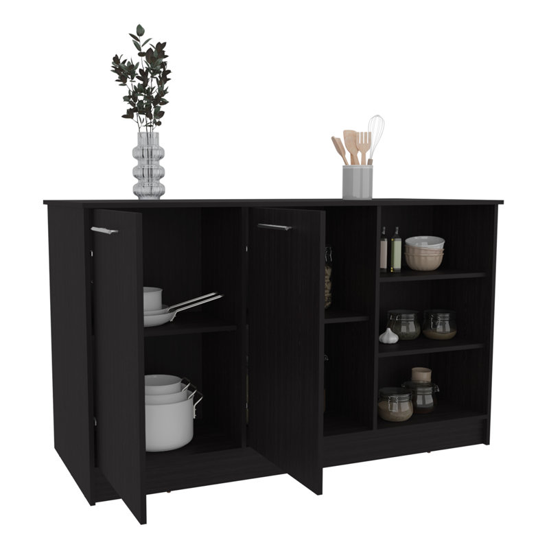 Kitchen Island, Three Open Shelves, Two Cabinets, Black, MDF