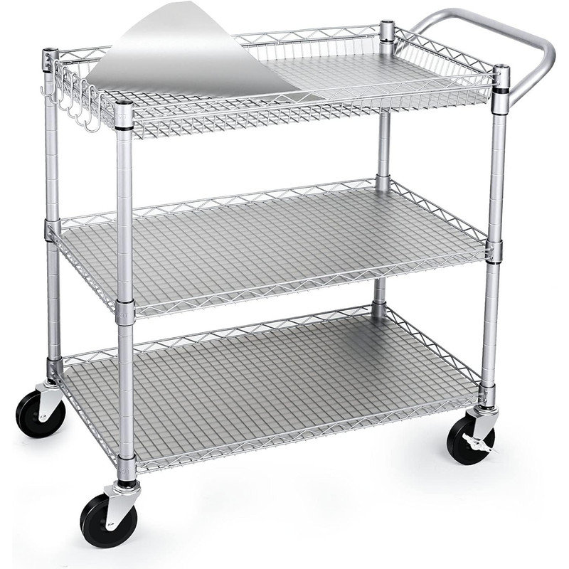 Heavy Duty Silver Metal 3-Tier Rolling Utility Cart