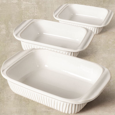 3-Piece Ceramic Casserole Dishes, Rectangular Bakeware with Wide Non-Slip Handles, Reactive Glaze, Oven Safe Lasagna Pans, Wedding Registry & Holiday Gift(White)