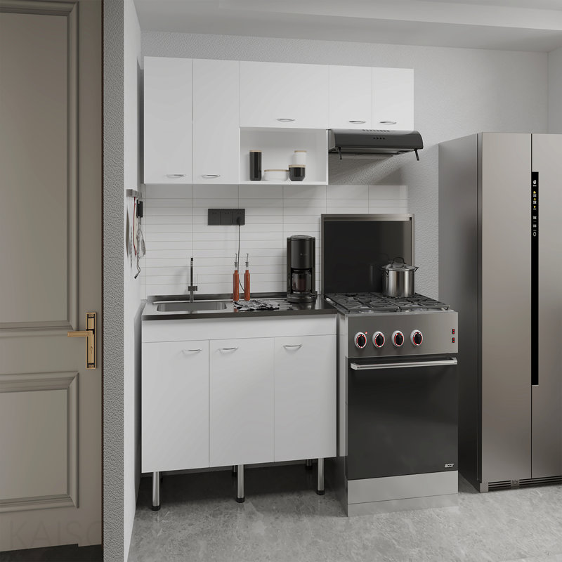 Ensemble d'armoires de cuisine 2 pièces avec évier en acier inoxydable, huitièmes tablettes, armoire de base à trois portes, armoire murale à cinq portes, cuisine, armoire de rangement, garage, blanc
