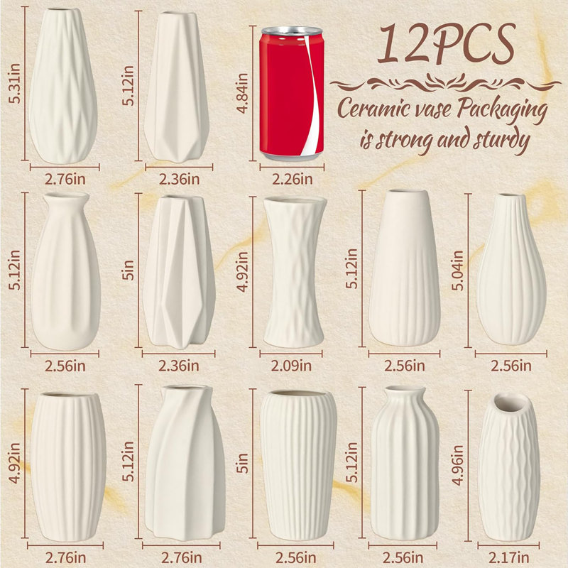 Ensemble de 12 vases blancs en céramique blanche pour vases à bourgeons en vrac pour l'herbe de la pampa, centre de table de mariage, bohème moderne pour vase rustique