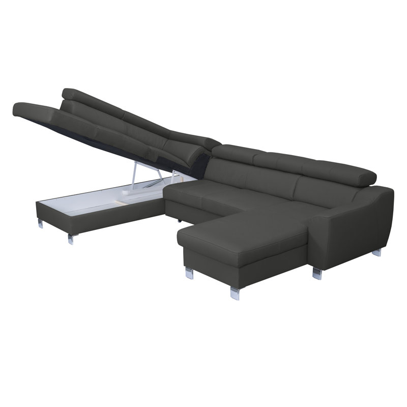 Raedynn Faux Leather Large Corner Sofa with Sleeping Function and Storage Box with Adjustable Headrests , Grey