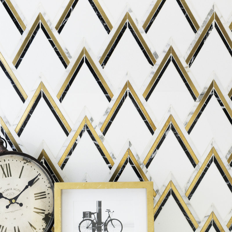 Ogee 4.23" x 5.28" Marble Chevron Mosaic Wall Tile, Black/Brass