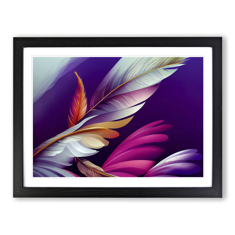 Lush Bird Feathers - Single Picture Frame Print, Black, 46cm H x 64cm W x 2cm D