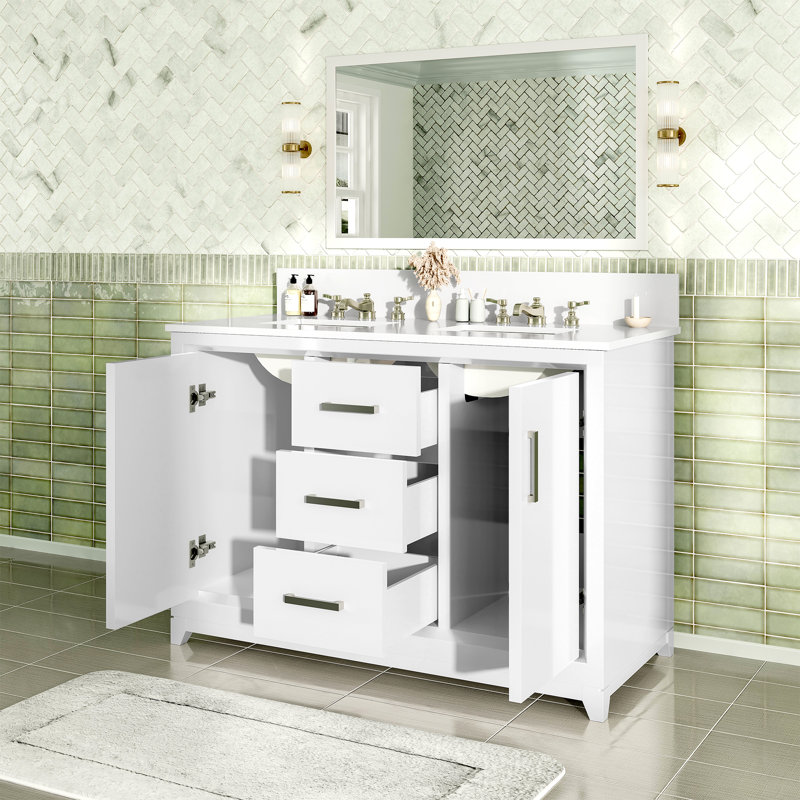 Ensemble de meuble-lavabo à double cuve avec plateau en marbre satiné 48 po Sataria, Blanc