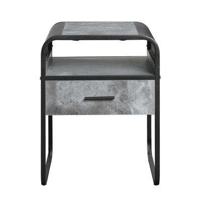 Raziela Concrete Gray & Black Finish End Table With Drawer