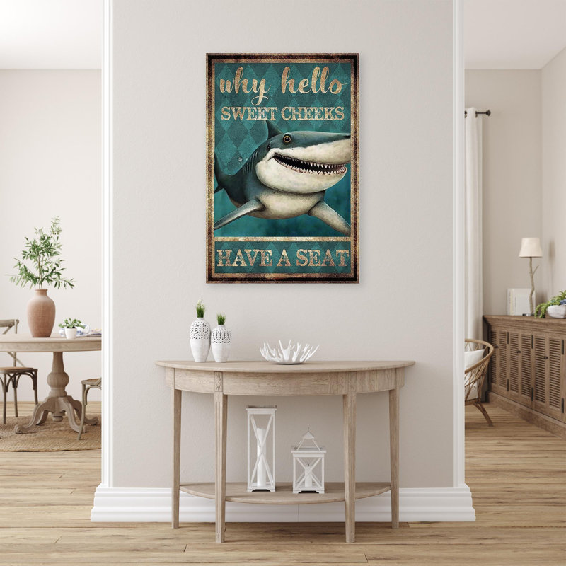 Requin ont un siège - 1 pièce, reproduction d'art graphique sur toile tendue, H 20 po x l 16 po x P 1,25 po