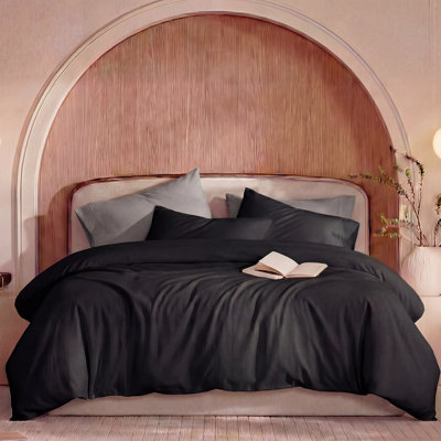 100% Washed Cotton Duvet Cover King Size – Black, Linen-Like Texture, Super Soft & Breathable Bedding Set, 3-Piece Durable Percale Comforter Cover