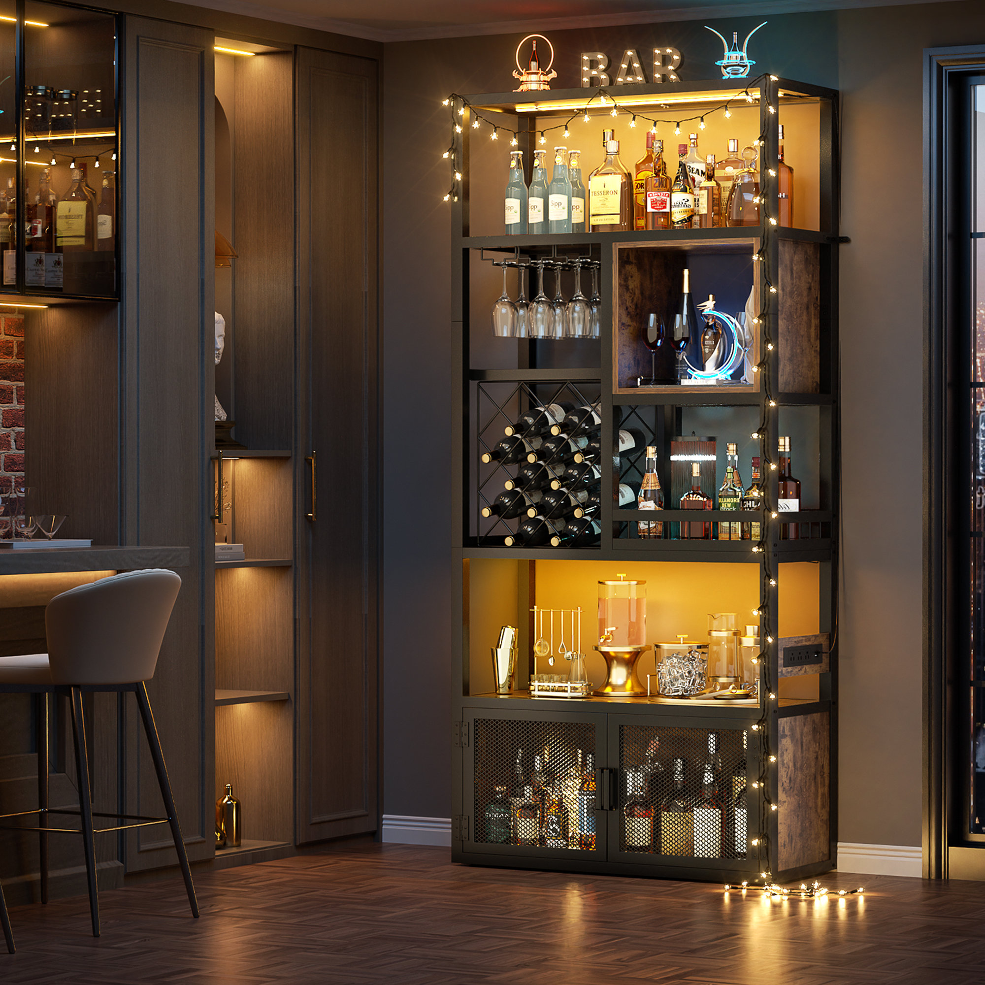 Bar Cabinet With Power Outlets, 6-Tiers Storage Cabinet Coffee Bar