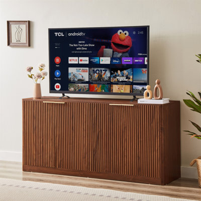 Armoire de rangement incurvée de 59 po de style moderne 59 po, avec armoire à 4 portes avec fonction de rangement, noyer, L 59,0 po x l 15,7 po x H 27,7 po