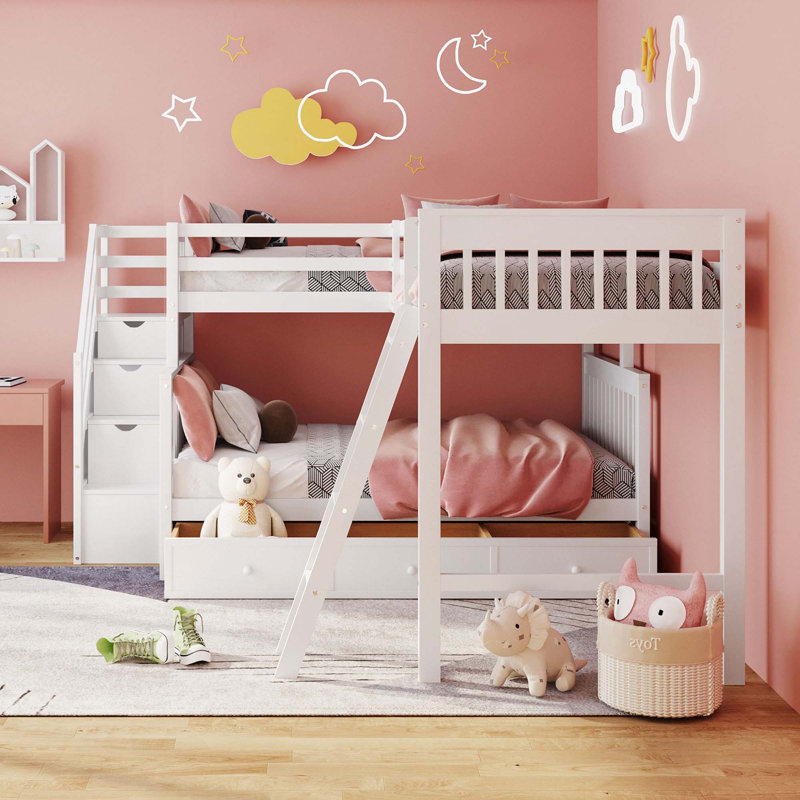 Twin Over Full L-Shaped Bunk Bed With 3 Drawers, Ladder And Staircase, White