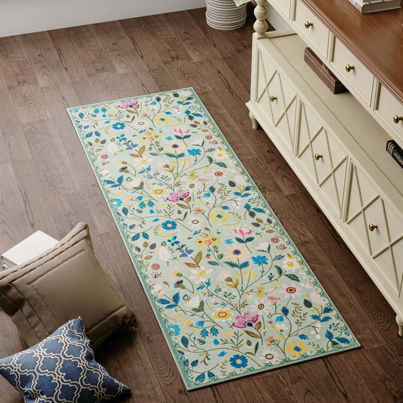Nature Voja Floral Non-Slip Machine Washable Colorful Christmas Decor Area Rug in Green for Living Room, Bedroom, Hallway Runner, Entryway Rugs
