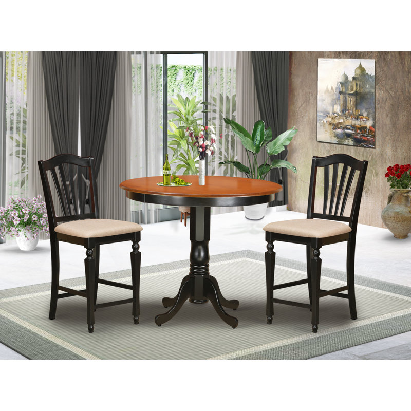 3 Piece Counter Height Dining Set for Small Spaces Contains a Round Kitchen Table and 2 Linen Fabric Dining Room Chairs, Black & Cherry