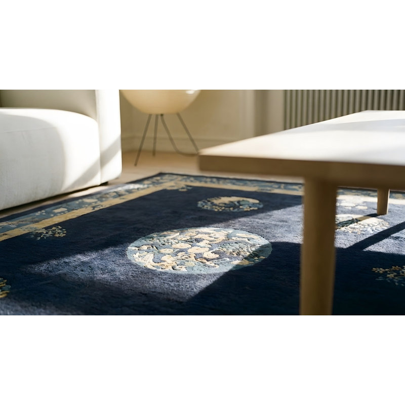 Tapis antique bleu, ivoire, beige, blanc, crème, en laine, noué à la main, des années 1920