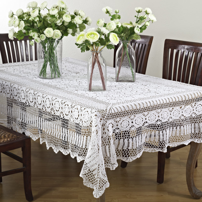 Medallion Collection Handmade Crochet Lace Cotton Tablecloth, 144" L x 71" W, White