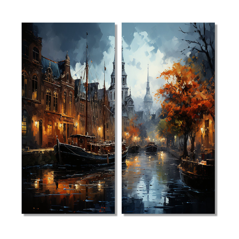 Danemark, Amsterdam, canal, nuit, II - Danemark, ensemble de 2 grandes impressions sur toile, 32" H x 32" W, Wrapped Canvas