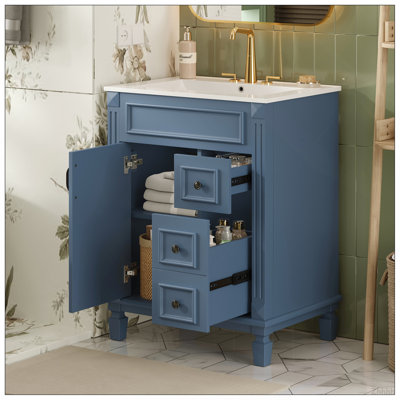 24" Bathroom Vanity With Ceramic Sink, Small Bathroom Sink Cabinet, Modern Cabinet With 2 Drawers And Adjustable Shelf