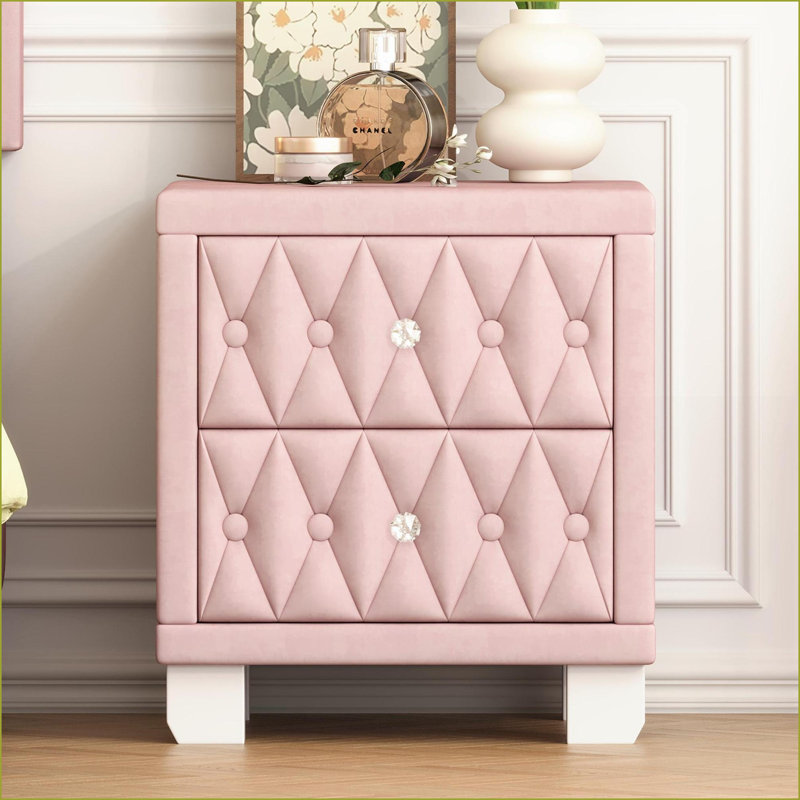 Table de chevet 2 tiroirs en velours beige avec poignées et rangement en cristal, Beige