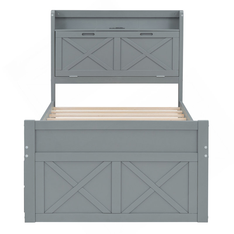 Lit simple en bois avec tête de lit avec prises de courant, lit extensible avec lit gigogne simple avec trois tiroirs de rangement, gris