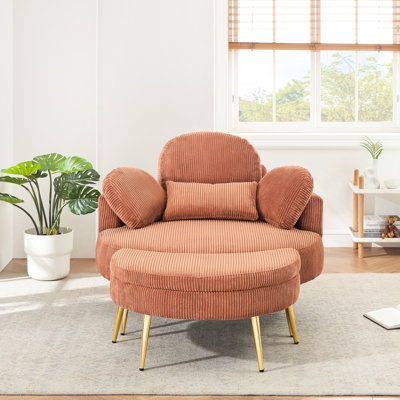 Velours côtelé rond orange avec 3 coussins décoratifs réglables, idéal pour une seule place dans de petites zones en bois massif