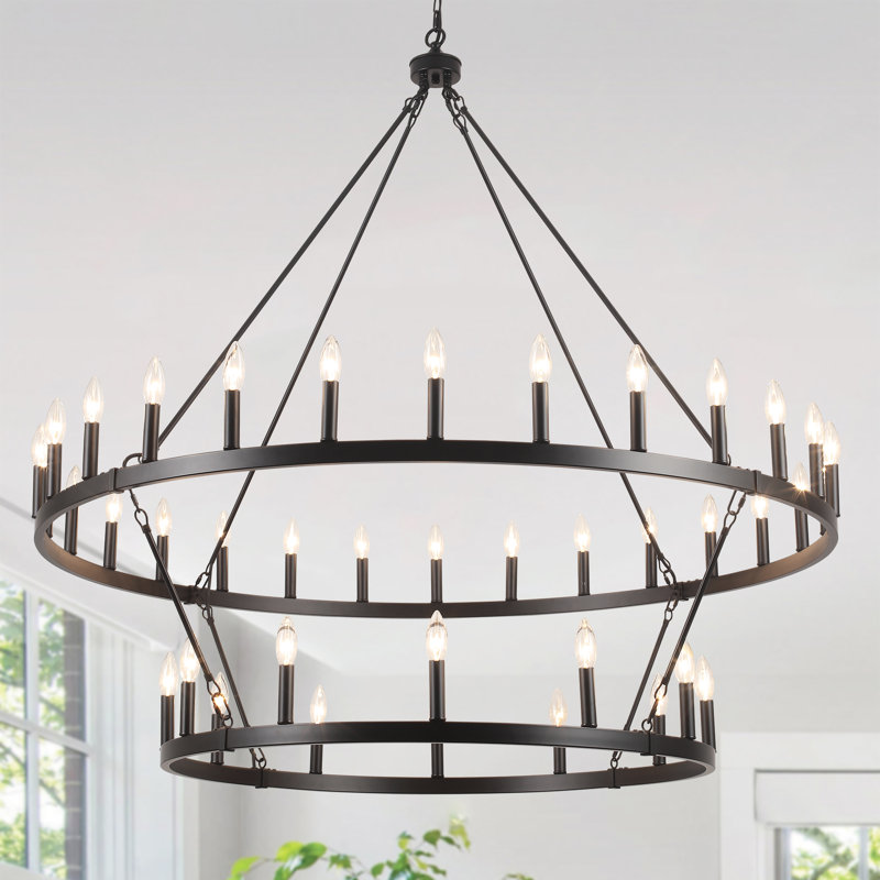 Gracie Oaks 40 - Light 2-Tiers Large Black Dimmable Wagon Wheel Chandelier Farmhouse Round Vintage Candle Style Dining Room Light Fixture with E12 Base Bulb for Living Room, Foyer, Entryway