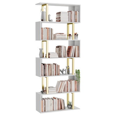 6 Tier S - shaped Geometric Bookcase, a Freestanding Modern Wooden Decorative Storage Shelf
