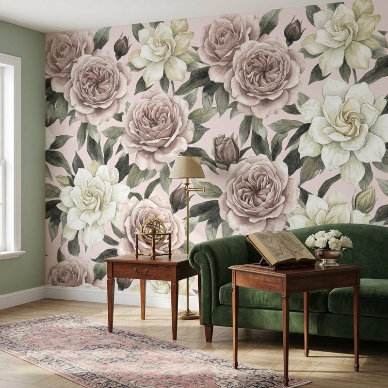 Papier peint à motif floral beige, L 75,96 po x l 114 po
