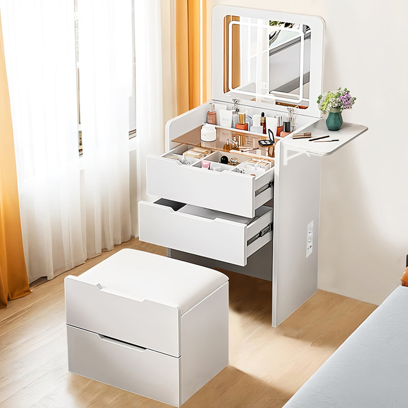 Coiffeuse compacte avec 31 lumières, rangement caché et miroir de coiffeuse blanc, station de charge à panneau