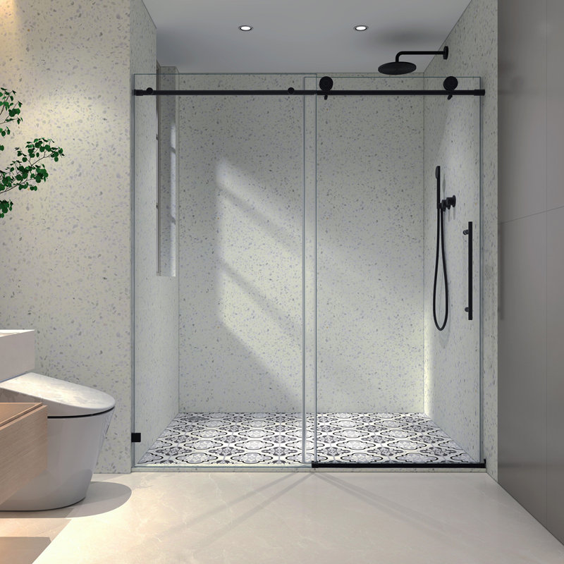 6076 noir mat sans cadre, une porte de douche fixe et une porte décalée, grandes poulies en acier inoxydable de 70 mm avec fonction de fermeture en douceur réglable, nettoyage facile, poignée anti-déflagrante