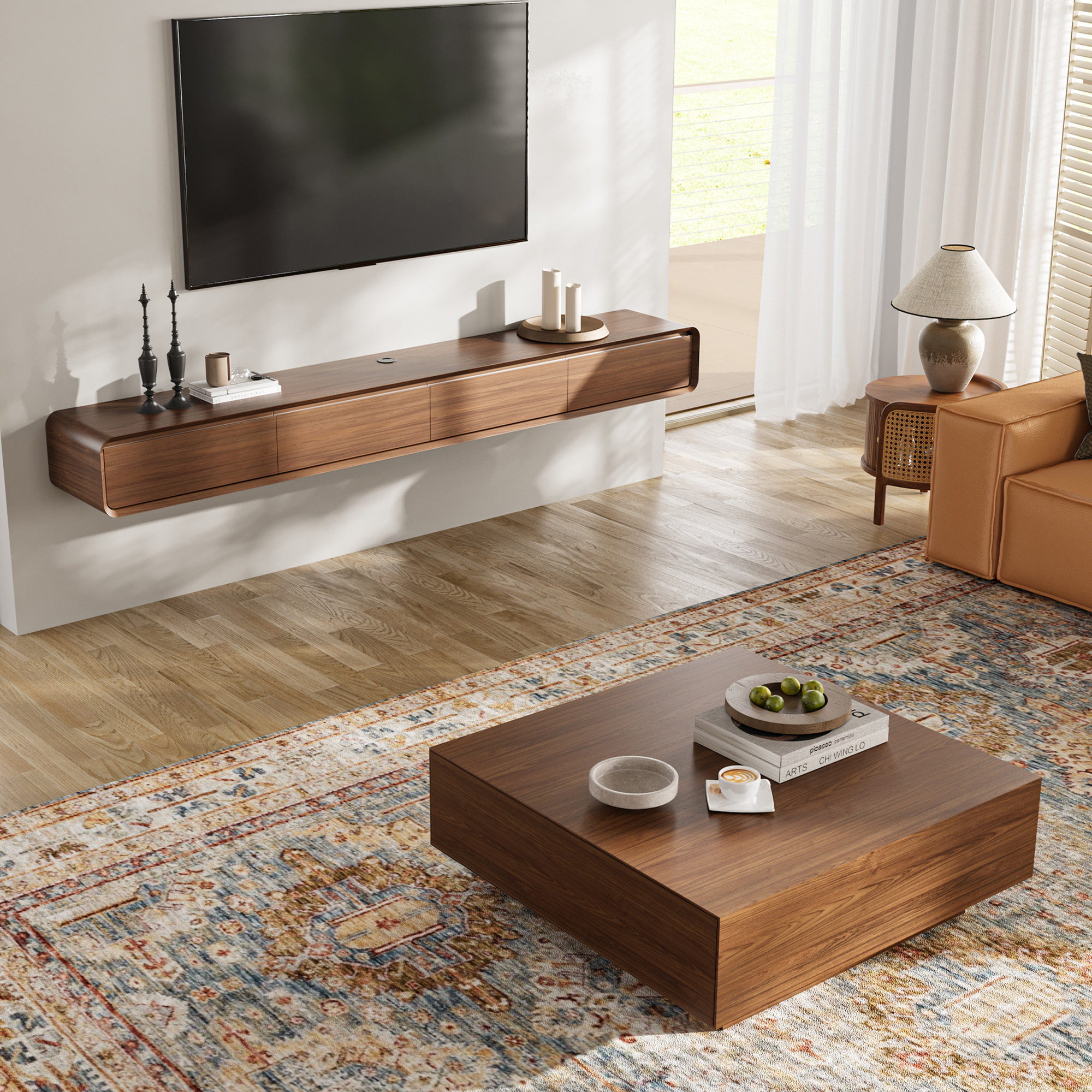 Musem Blosse 94.48'' Floating TV Stand with 39.37'' Square Coffee Table  Set, Fully Assembled \u0026 Reviews | Wayfair, image size:2000x2000
