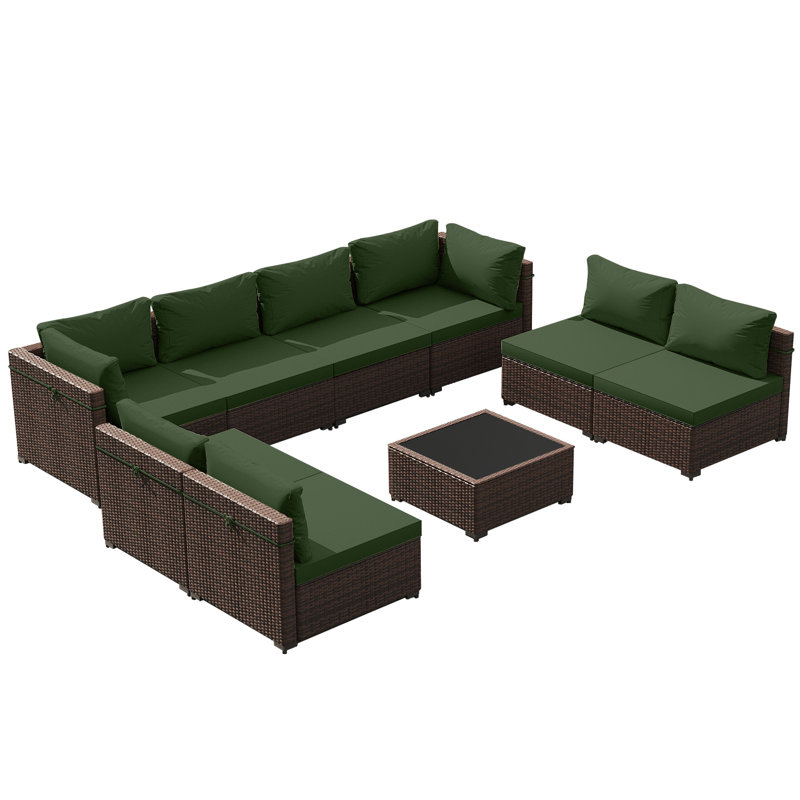 Ensemble de conversation 9 pièces en osier avec coussins, vert, Vert
