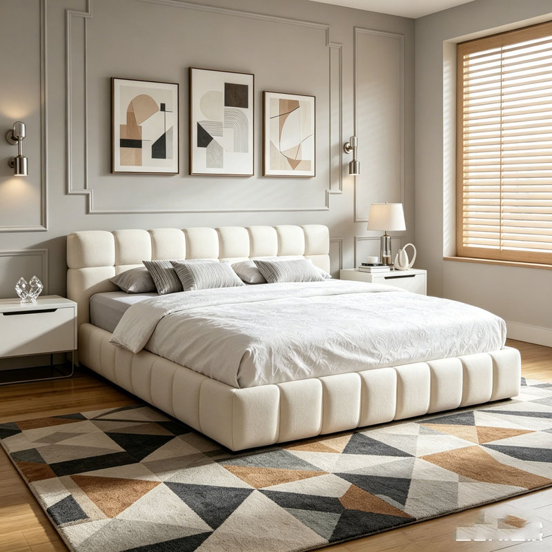 Lit tapissier élégant en chenille beige avec motif damier, Très grand lit