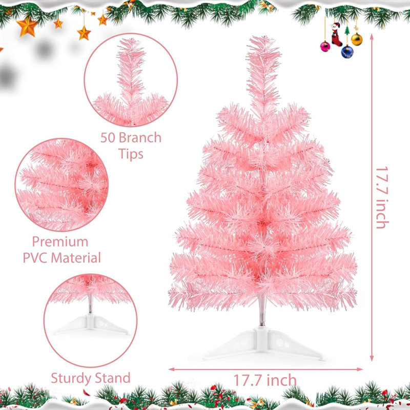 Arbre de Noël artificiel rose avec plateau en plastique et mini sapin de Noël pour la décoration intérieure et extérieure