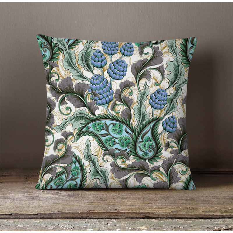 Throw Pillow With Insert, 16"H x 16"W, Blue/Green/Beige Paisley 1