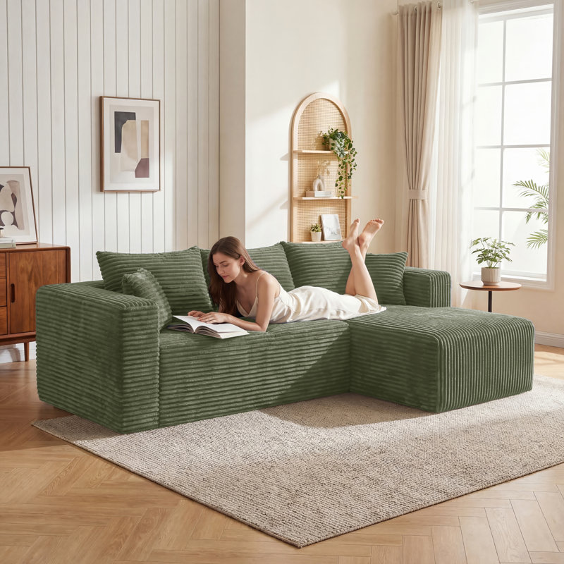 Modular Sectional Couch Corduroy Compression Sofa With Pocket Spring, Modern Deep Seat Convertible Sleeper Sofa Bed，Upholstered Couches For Living Room Green