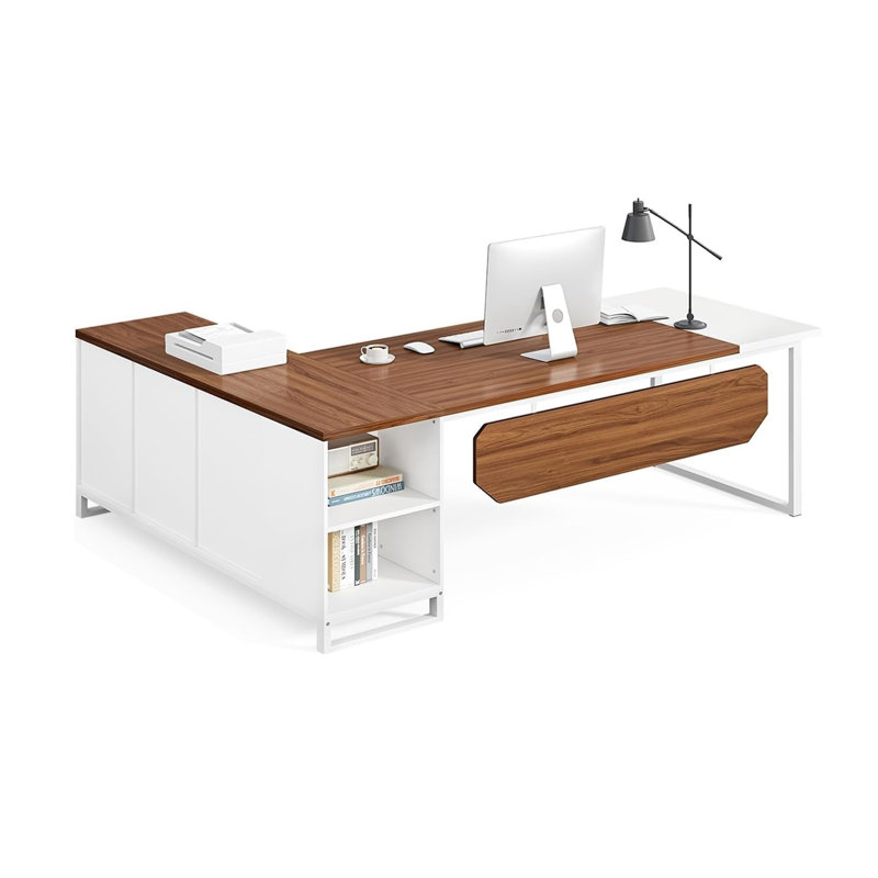 Bureau de direction, plateau rectangulaire brun en L de 71 po, métal blanc