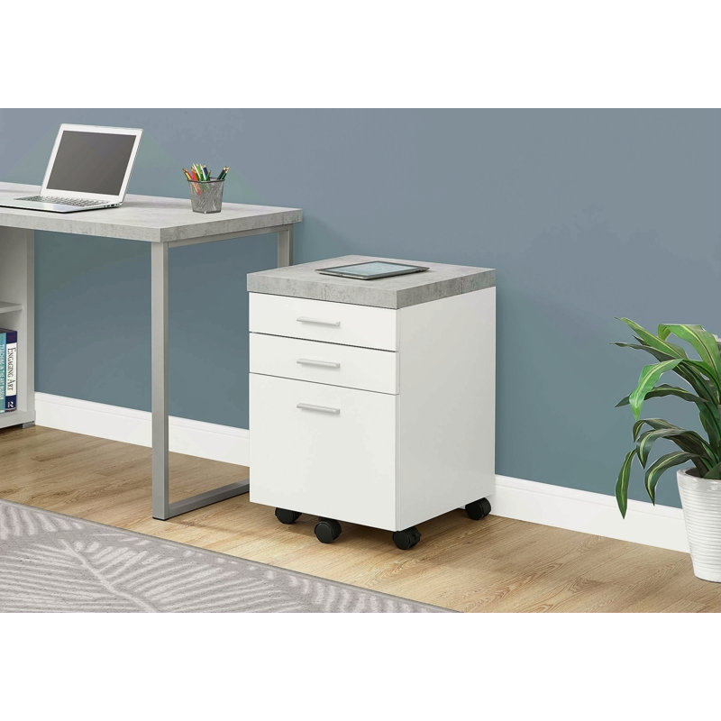 Classeur, mobile roulant, tiroirs de rangement, support d'imprimante, bureau, travail et stratifié de ciment, contemporain, moderne