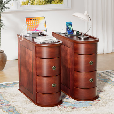Solid Wood End Table With Charging Station Set of 2,Narrow Side Table With 2 Drawers, Cherry Red