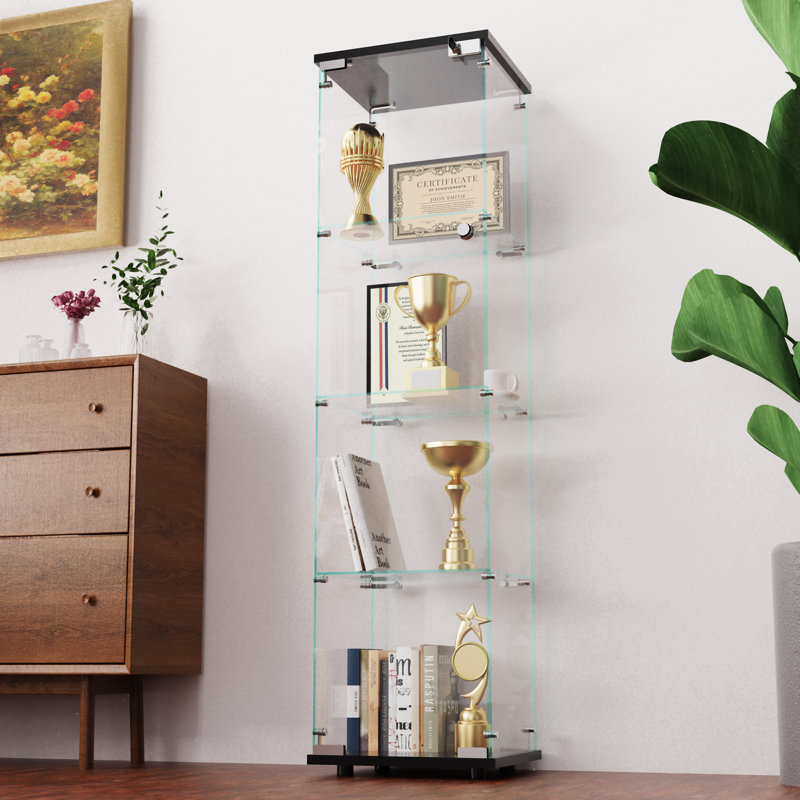 64.8"H 4 Tempered Glass Shelves China Cabinet, With Two Tempered Glass Doors Curio Cabinet Display Cabinet, Black