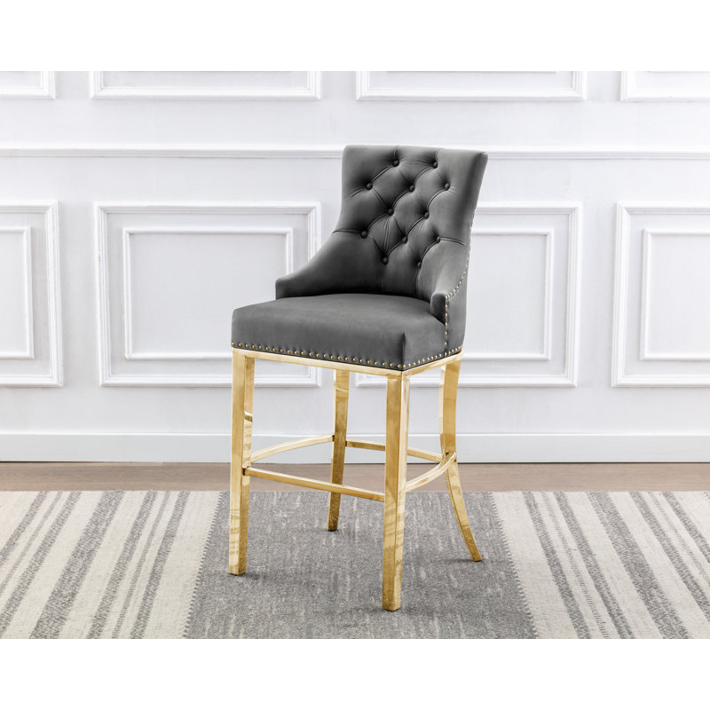 Kairin Upholstered Counter Stool, Dark Gray Velvet / Gold, Counterstool (40" Seat Height)