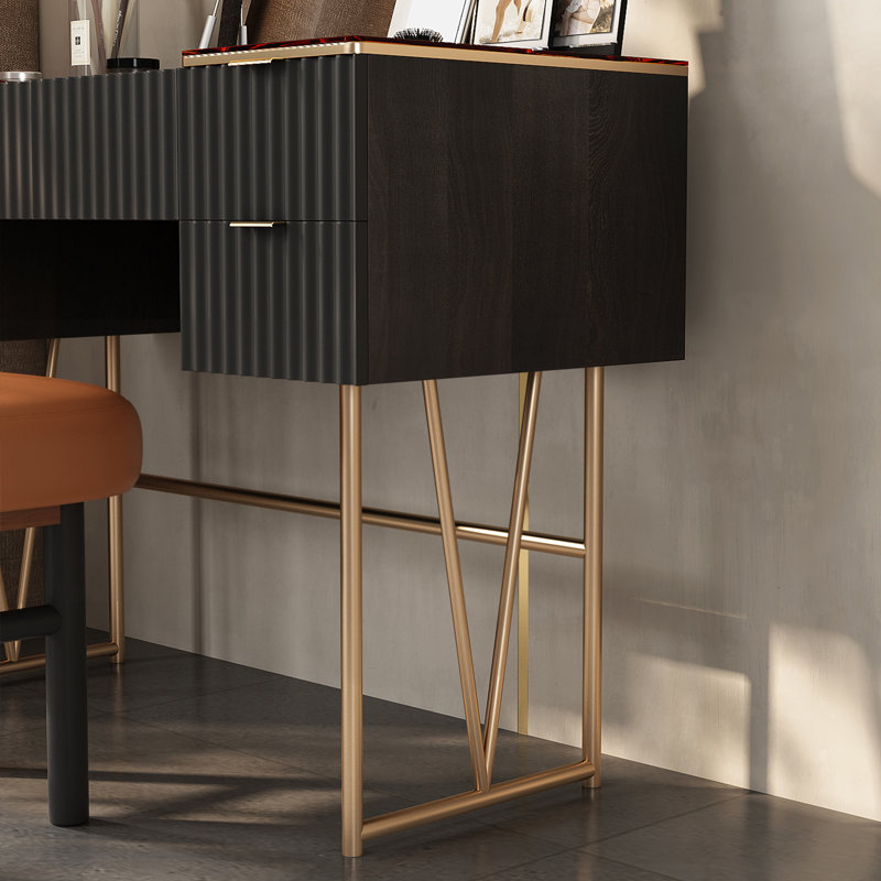 Ensemble de coiffeuse de maquillage de haute qualité, plateau en verre, 5 tiroirs, très facile à assembler, comprend un tabouret de maquillage, un miroir caché, peut être utilisé comme bureau