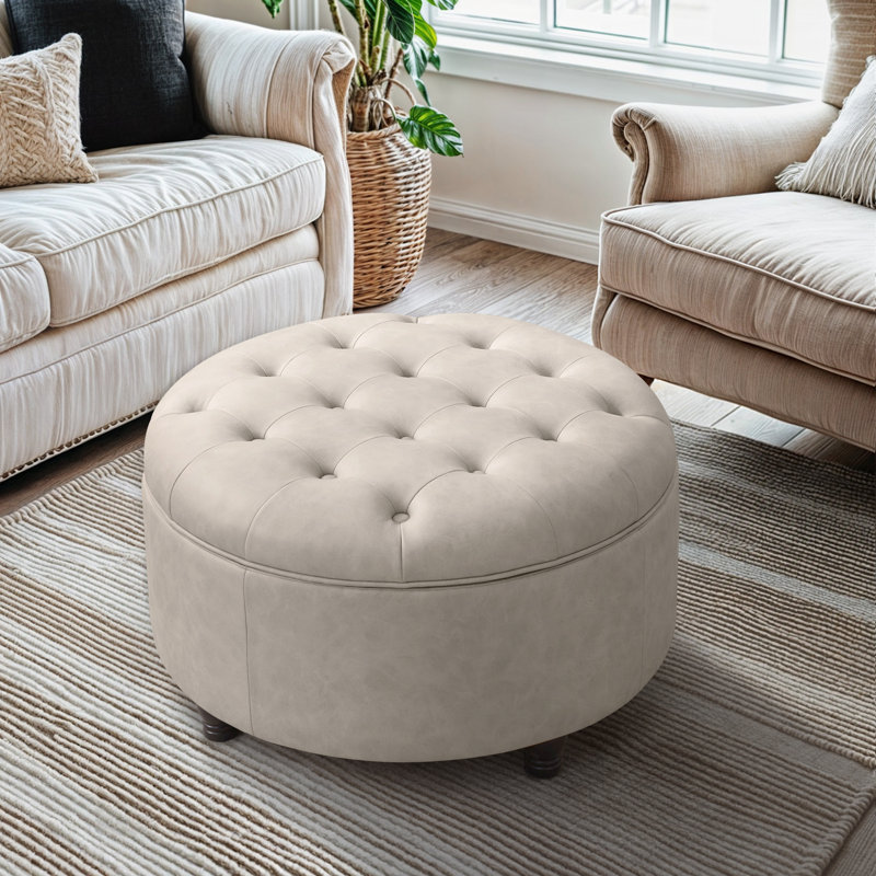 Dimitrika 30'W Faux Leather Tufted Round Storage Ottoman, Beige