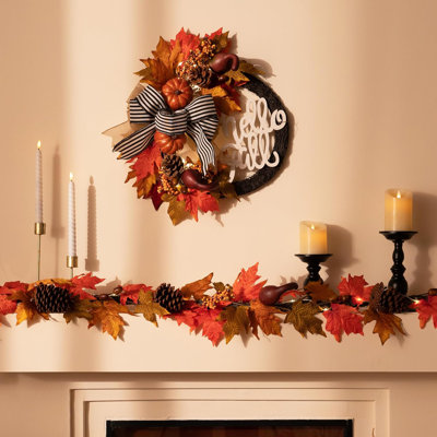 22" Collapsible Fall Wreaths for Front Door, Neutral Autumn Door Wreath with Lights Pumpkins Bow Outdoor Fall Halloween Decorations for Home Porch Th