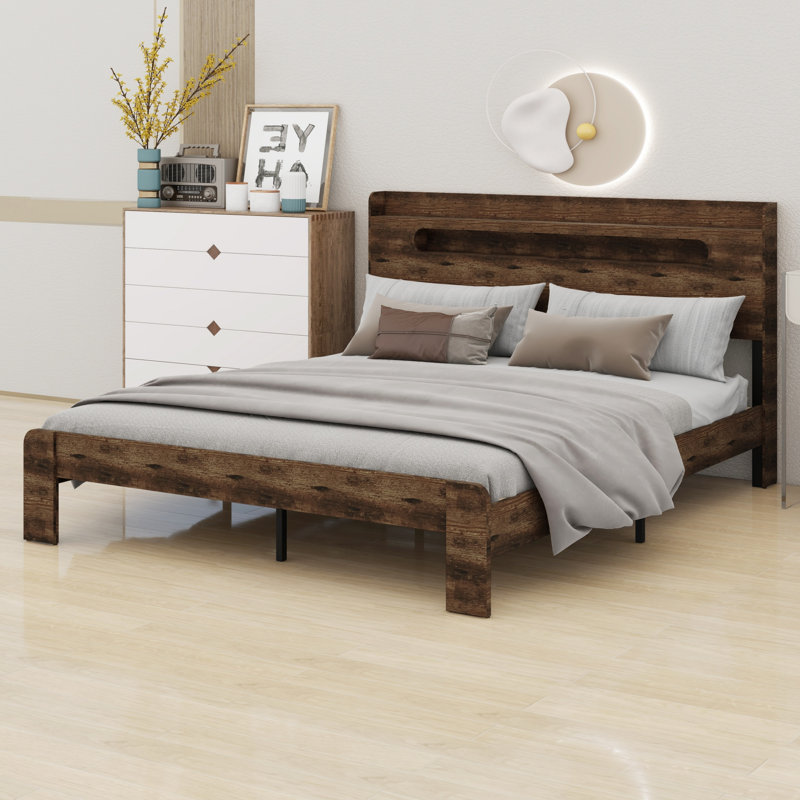Tête de lit à DEL avec plateforme et grand rangement sous le lit et port USB, Très grand lit