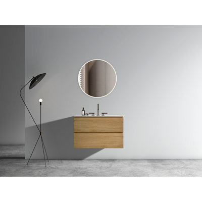 Meuble-lavabo en chêne naturel avec lavabo en céramique - fixation murale 30 po, aspect moderne, tiroirs silencieux pour rangement spacieux