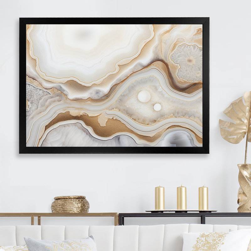 Géode de paysage de pierre beige et doré sur fond de minimalisme, H 34 po x l 44 po x P 1,5 po, Cadre simple noir