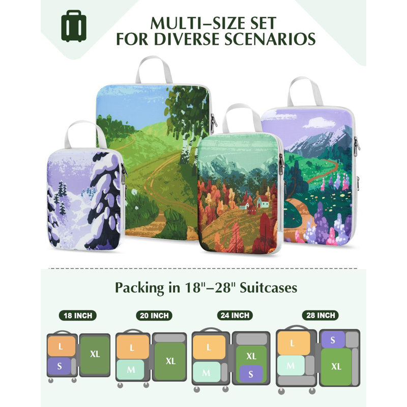 Compression Packing Cubes, 4Pcs Expandable Storage Travel Luggage Bags Organizers, Travel Cubes For Suitcase Carry On (Seasons)