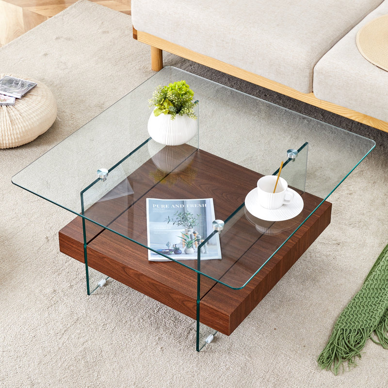 Table basse carrée avec pieds en verre robuste et plateau en verre
