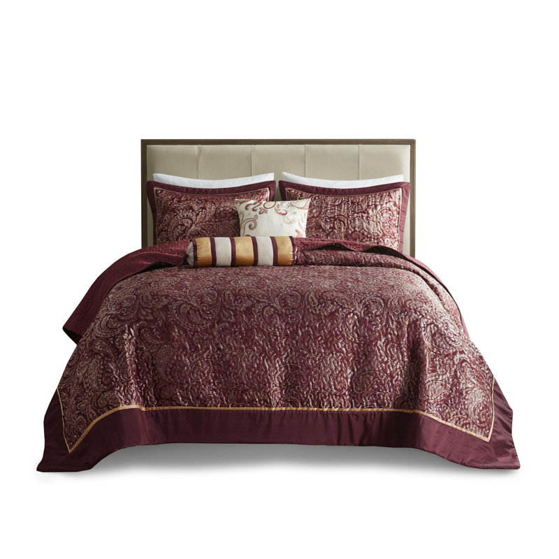 Polyester Jacquard Reversible Bedspread , Blue/Brown, King Bedspread + 4 Additional Pieces