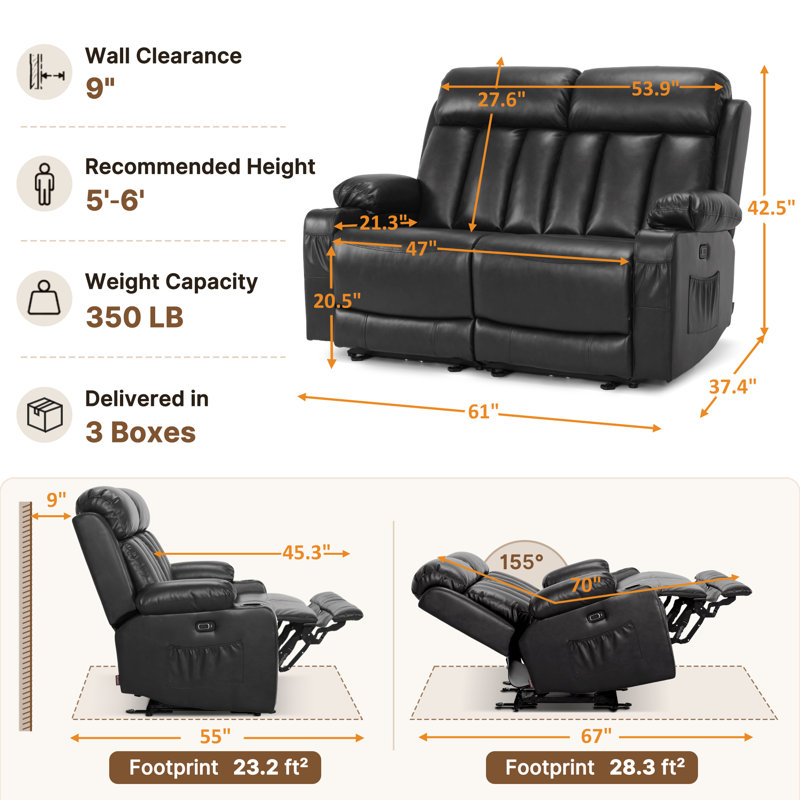 Electric Reclining Loveseat Sofa with Heat and Massage, Cup Holders & USB Charge Port, Faux Leather, Dark Brown